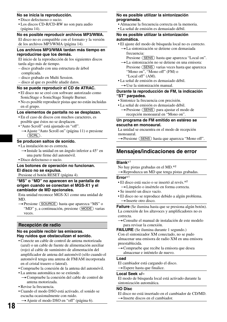 Mensajes/indicaciones de error | Sony CDX-GT50W User Manual | Page 34 / 36