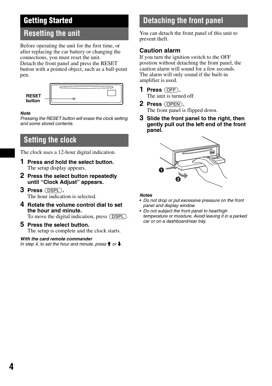 Getting started, Resetting the unit, Setting the clock | Detaching the front panel, Getting started resetting the unit | Sony CDX-GT50W User Manual | Page 4 / 36