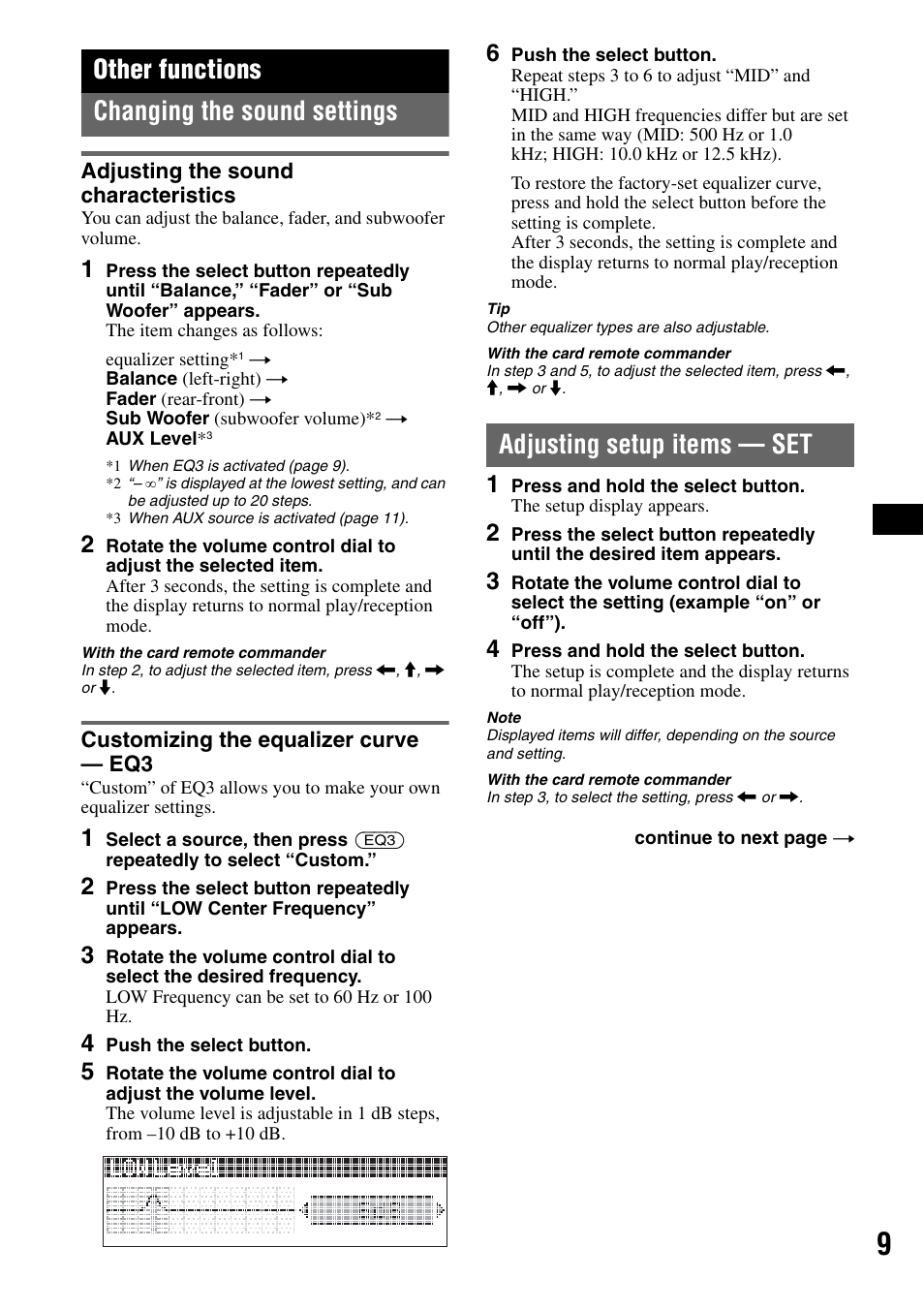 Other functions, Changing the sound settings, Adjusting the sound characteristics | Customizing the equalizer curve - eq3, Adjusting setup items - set, Adjusting setup items — set, Other functions changing the sound settings | Sony CDX-GT50W User Manual | Page 9 / 36