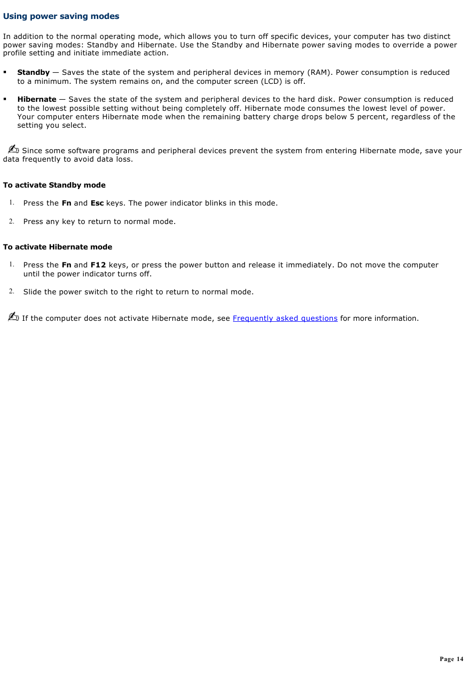 Using power saving modes | Sony PCG-V505AX User Manual | Page 14 / 164