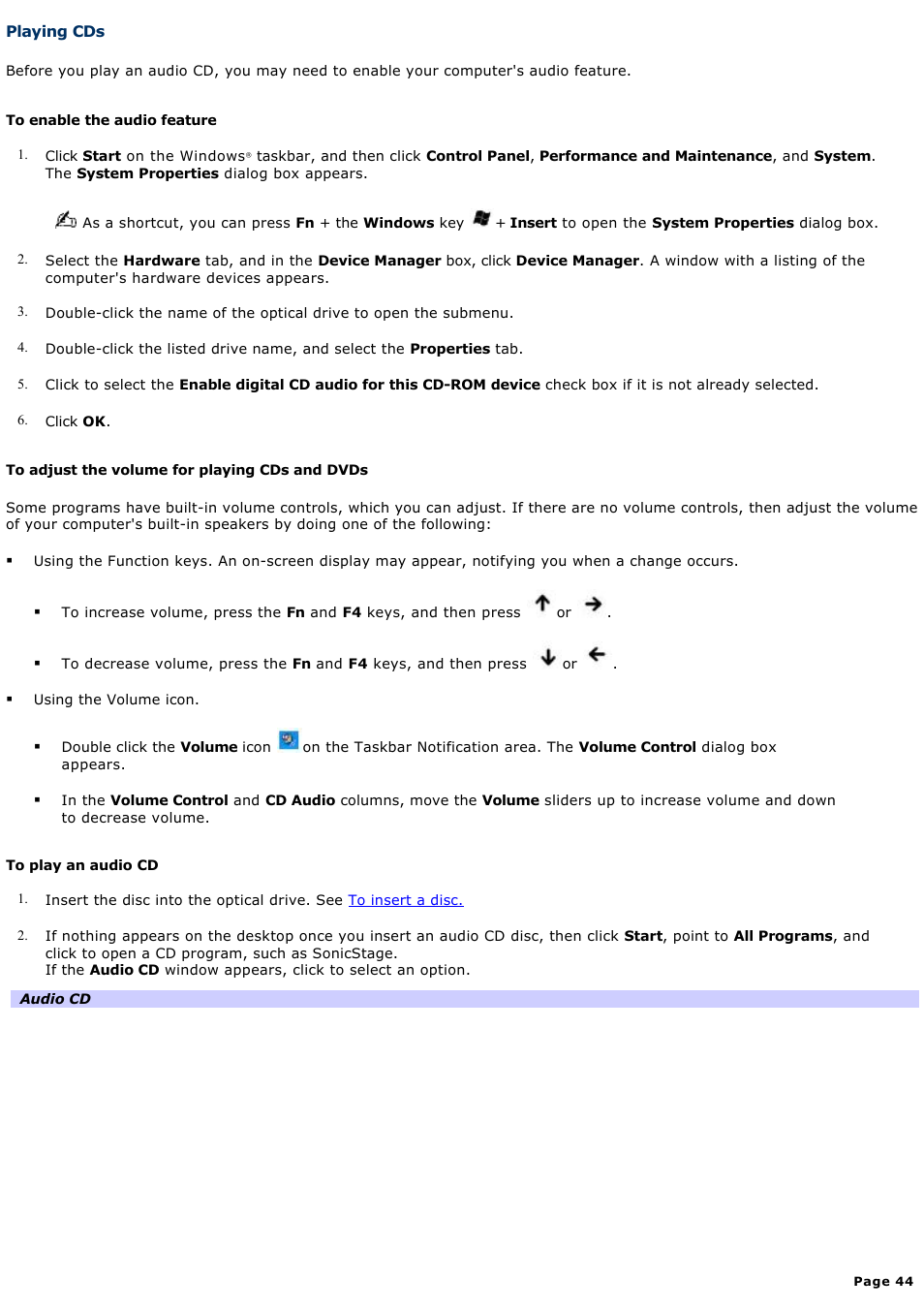 Playing cds | Sony PCG-V505AX User Manual | Page 44 / 164