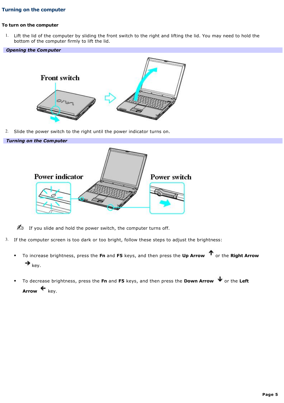 Turning on the computer | Sony PCG-V505AX User Manual | Page 5 / 164
