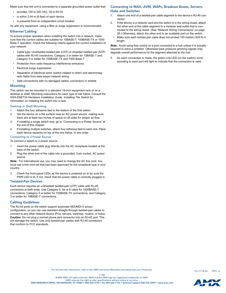 Ethernet cabling, Mounting, Desktop or shelf mounting | Connecting to a power source, Twisted-pair devices, Cabling guidelines | AMX NXA-ENET24 User Manual | Page 2 / 2