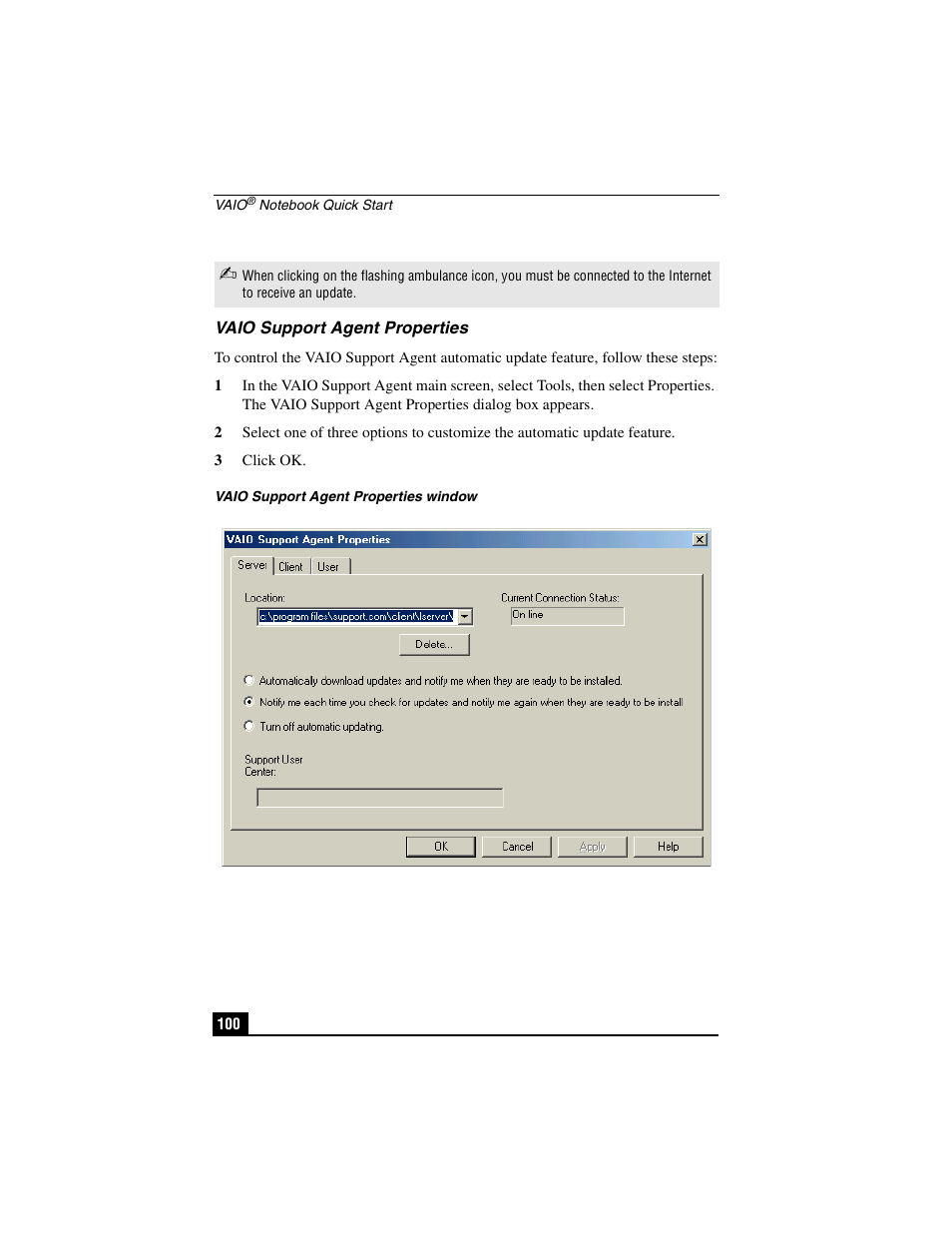 Vaio support agent properties | Sony PCG-C1VP User Manual | Page 100 / 124