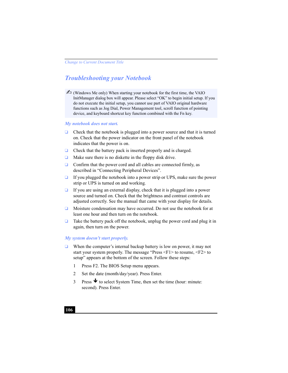 Troubleshooting your notebook | Sony PCG-C1VP User Manual | Page 106 / 124