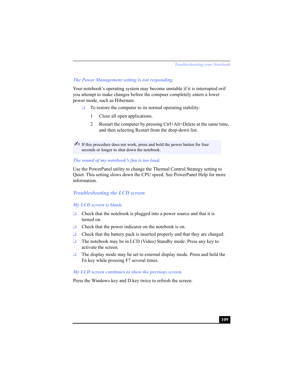 Troubleshooting the lcd screen | Sony PCG-C1VP User Manual | Page 109 / 124