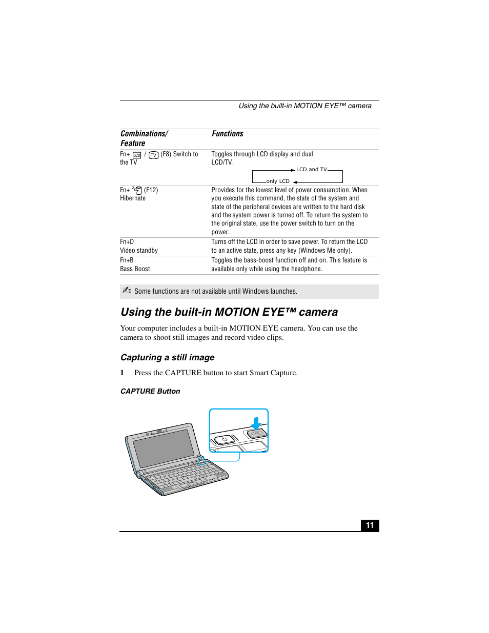 Using the built-in motion eye™ camera, Capturing a still image | Sony PCG-C1VP User Manual | Page 11 / 124