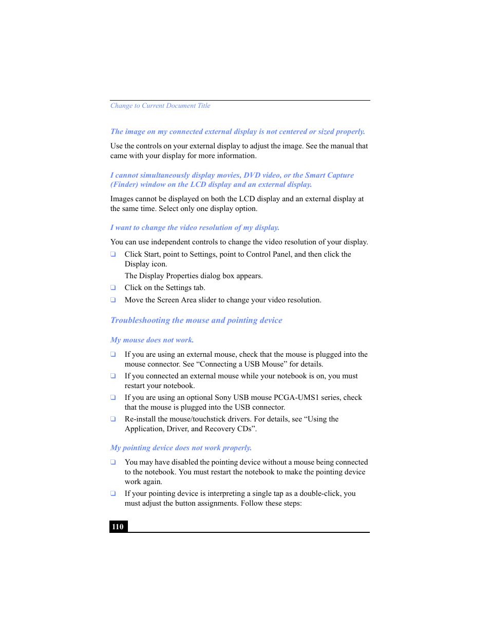 Troubleshooting the mouse and pointing device, Troubleshooting the mouse and pointing device110 | Sony PCG-C1VP User Manual | Page 110 / 124