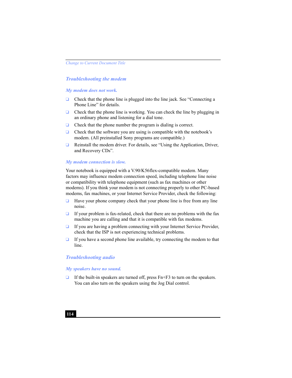 Troubleshooting the modem, Troubleshooting audio, Troubleshooting the modem troubleshooting audio | Sony PCG-C1VP User Manual | Page 114 / 124