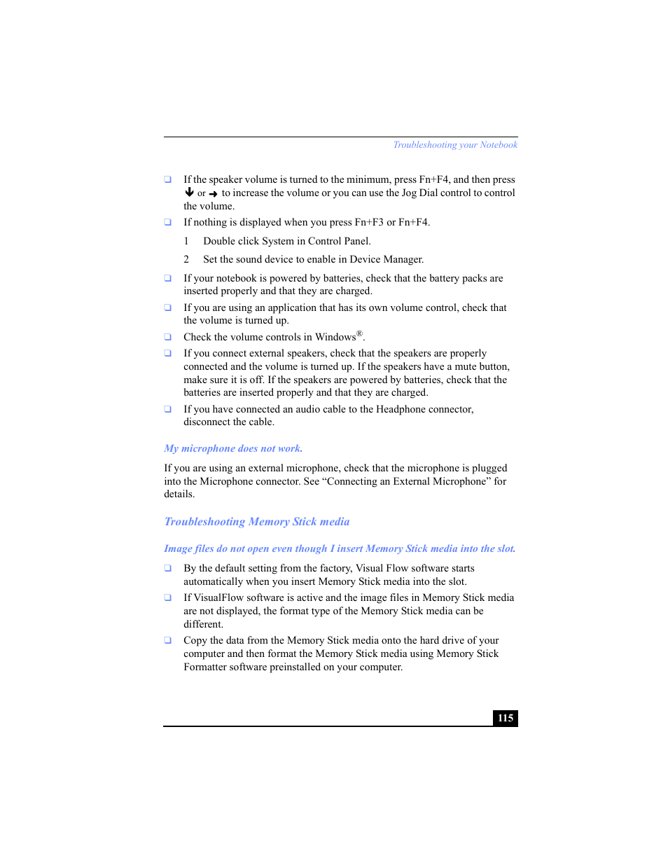 Troubleshooting memory stick media | Sony PCG-C1VP User Manual | Page 115 / 124