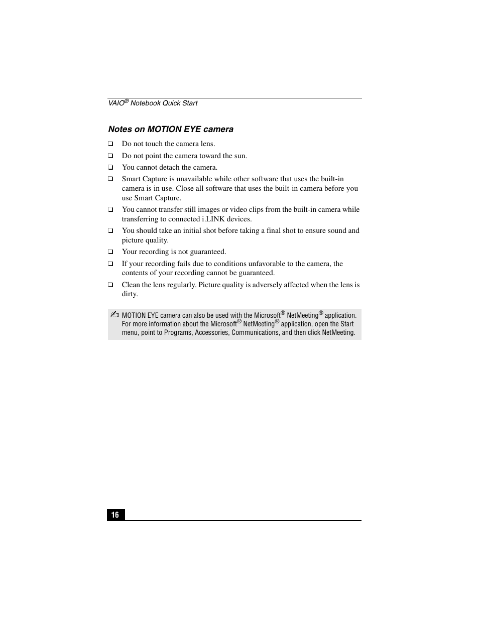 Notes on motion eye camera | Sony PCG-C1VP User Manual | Page 16 / 124