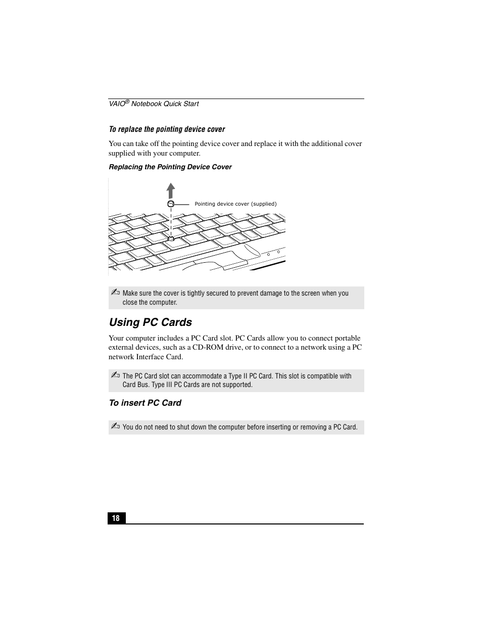 Using pc cards, To insert pc card | Sony PCG-C1VP User Manual | Page 18 / 124