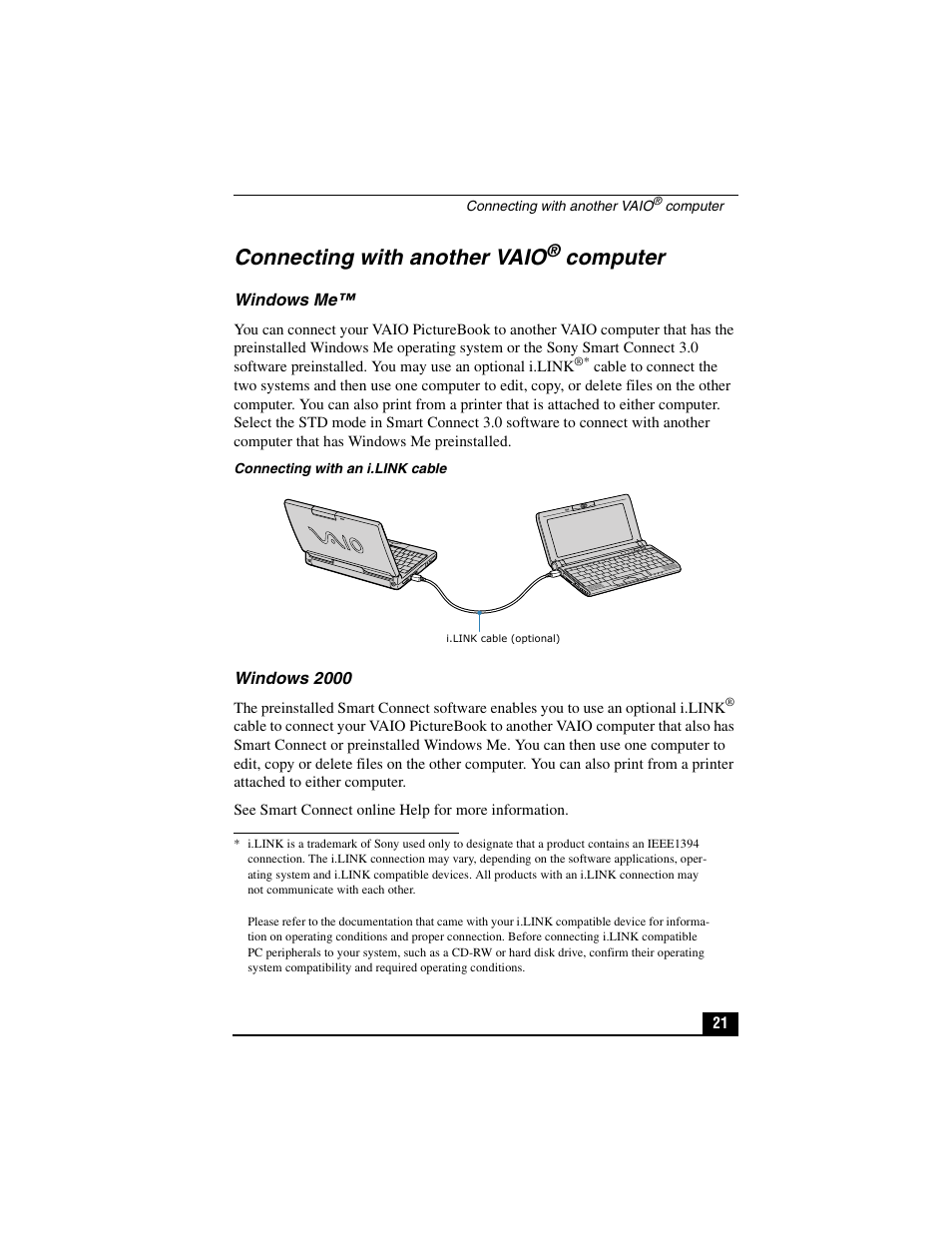 Connecting with another vaio® computer, Windows me, Windows 2000 | Connecting with another vaio, Windows me™ windows 2000, Computer | Sony PCG-C1VP User Manual | Page 21 / 124