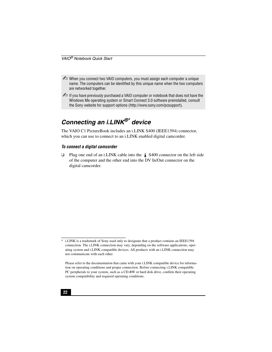 Connecting an i.link® device, Connecting an i.link, Device | Sony PCG-C1VP User Manual | Page 22 / 124