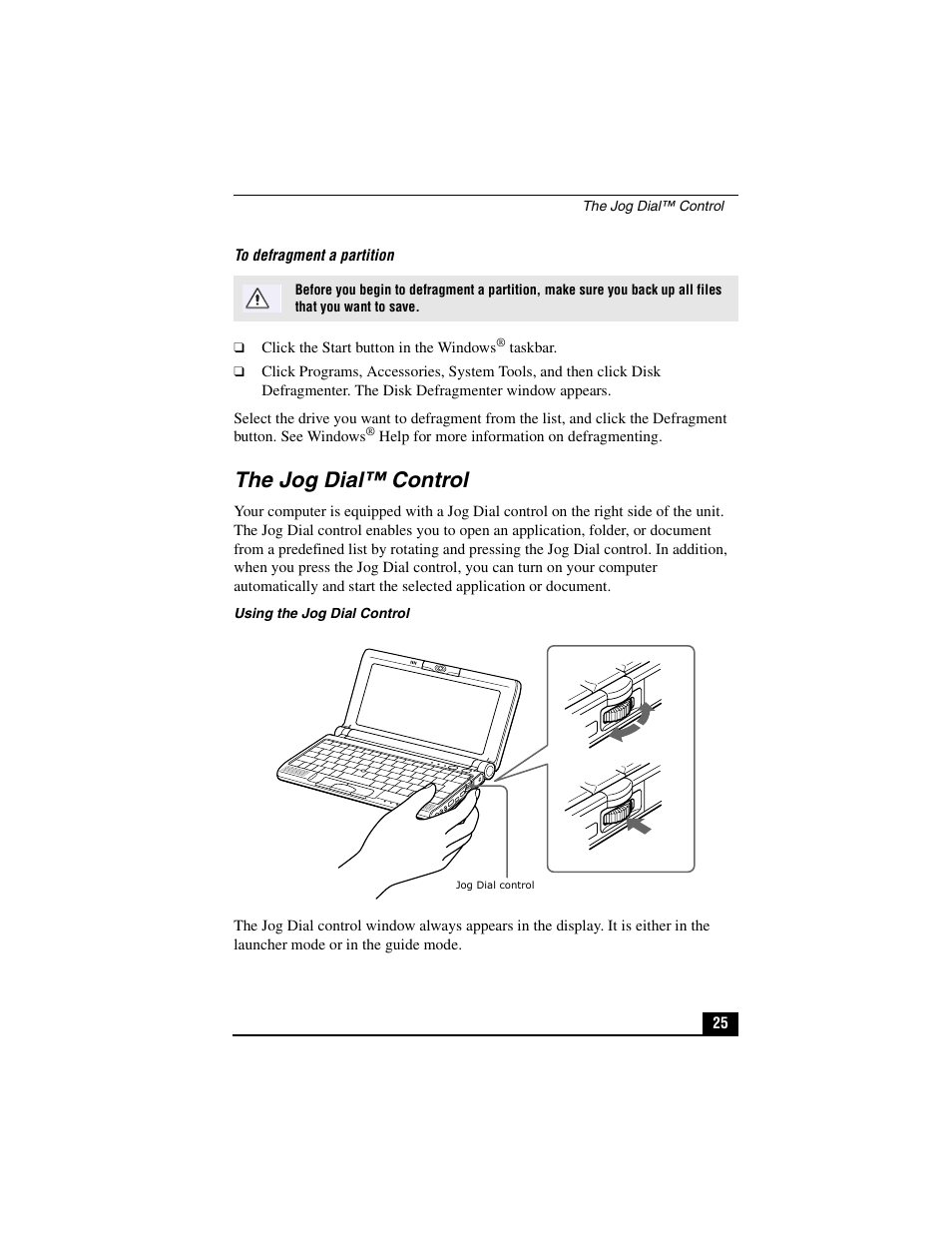 The jog dial™ control | Sony PCG-C1VP User Manual | Page 25 / 124