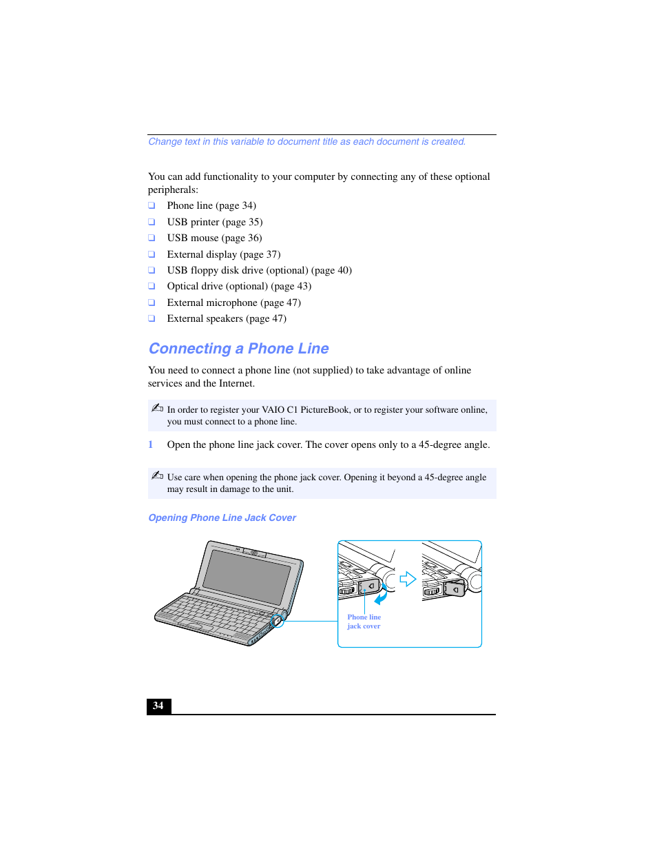 Connecting a phone line | Sony PCG-C1VP User Manual | Page 34 / 124