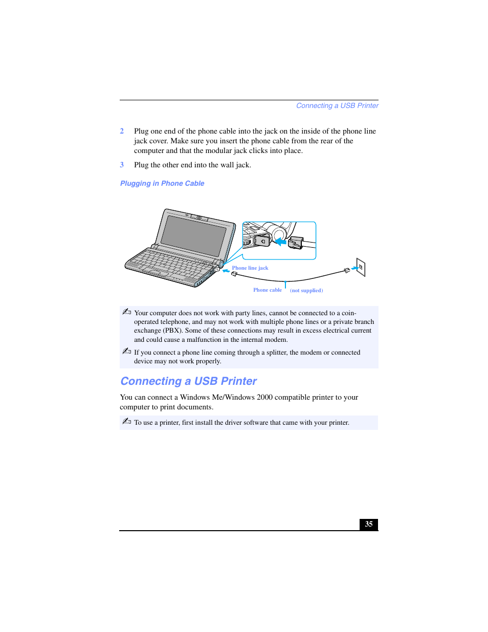 Connecting a usb printer | Sony PCG-C1VP User Manual | Page 35 / 124