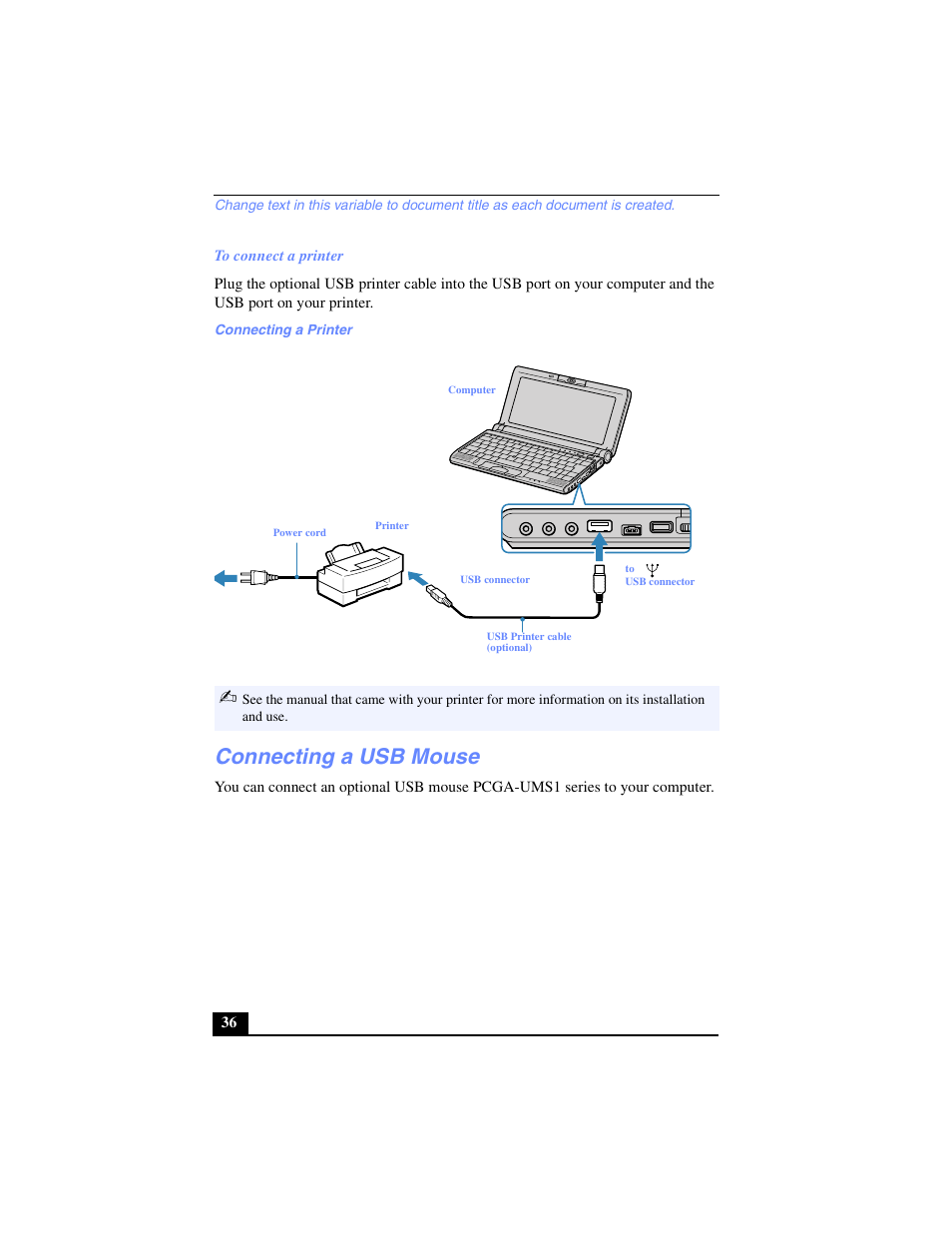 Connecting a usb mouse | Sony PCG-C1VP User Manual | Page 36 / 124