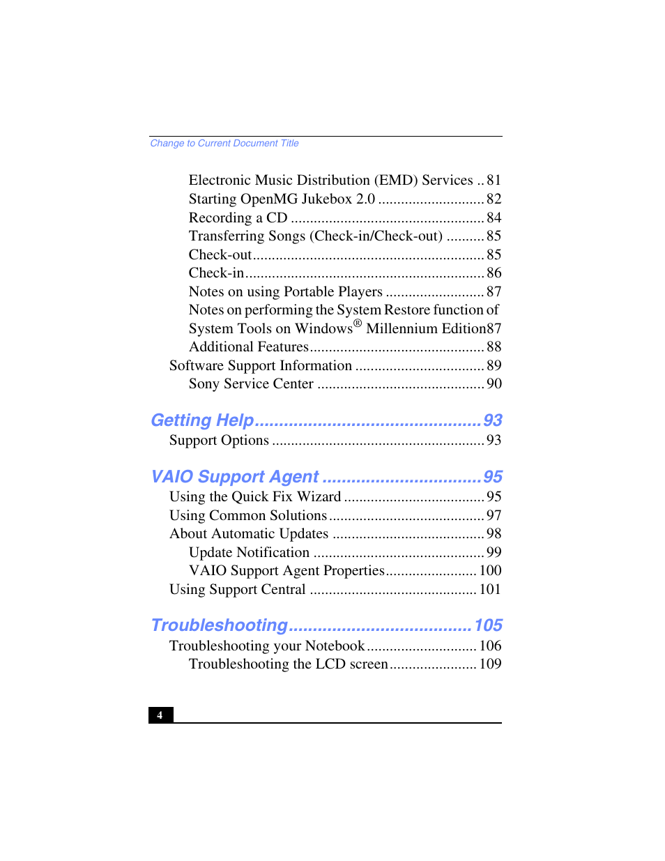 Getting help, Vaio support agent, Troubleshooting | Sony PCG-C1VP User Manual | Page 4 / 124