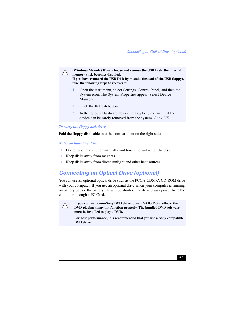 Connecting an optical drive (optional) | Sony PCG-C1VP User Manual | Page 43 / 124