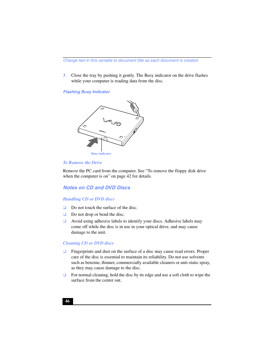 Notes on cd and dvd discs | Sony PCG-C1VP User Manual | Page 46 / 124