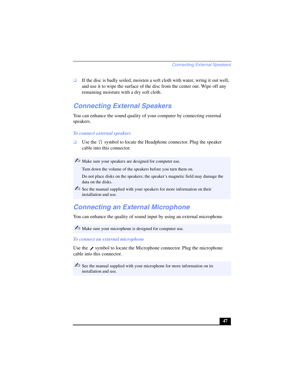 Connecting external speakers, Connecting an external microphone | Sony PCG-C1VP User Manual | Page 47 / 124