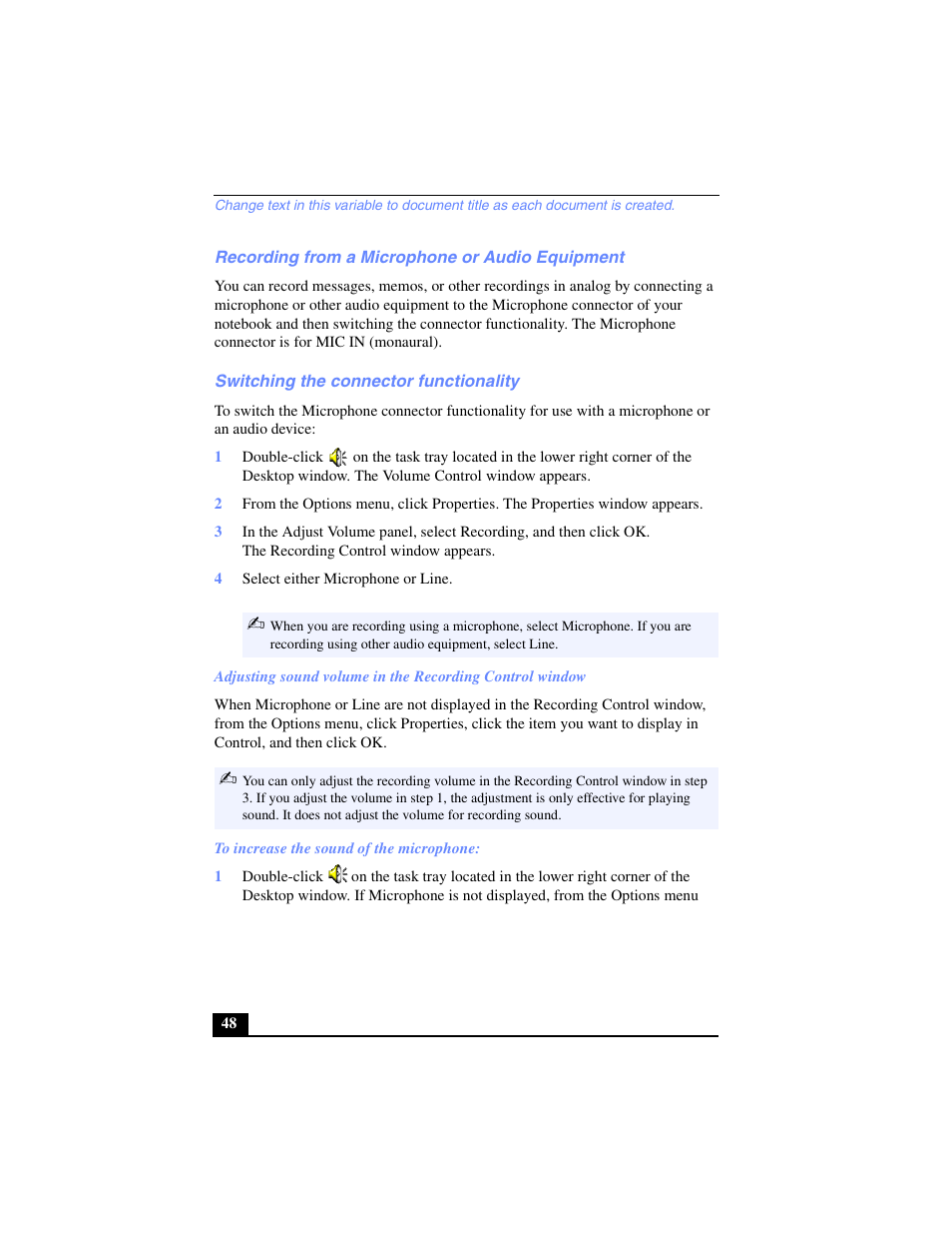 Recording from a microphone or audio equipment, Switching the connector functionality | Sony PCG-C1VP User Manual | Page 48 / 124