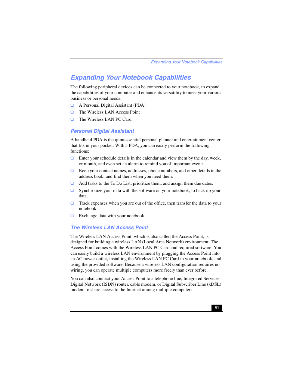 Expanding your notebook capabilities, Personal digital assistant, The wireless lan access point | Sony PCG-C1VP User Manual | Page 51 / 124