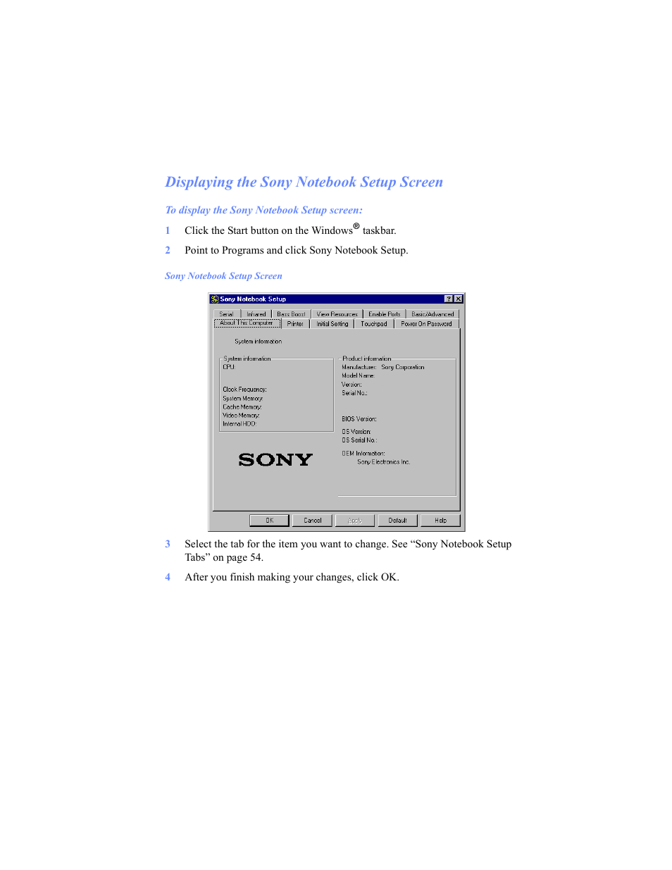 Displaying the sony notebook setup screen | Sony PCG-C1VP User Manual | Page 53 / 124