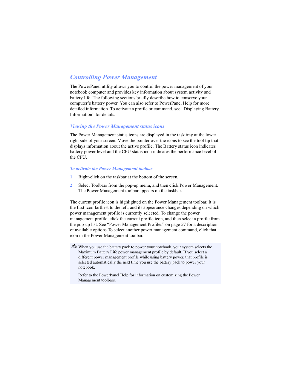 Controlling power management, Viewing the power management status icons | Sony PCG-C1VP User Manual | Page 55 / 124