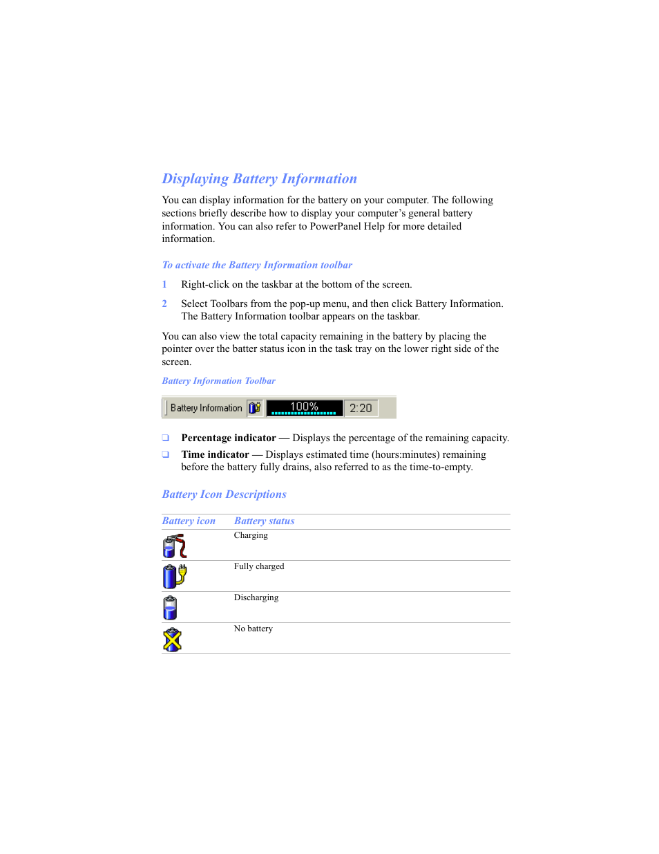 Displaying battery information, Battery icon descriptions | Sony PCG-C1VP User Manual | Page 61 / 124