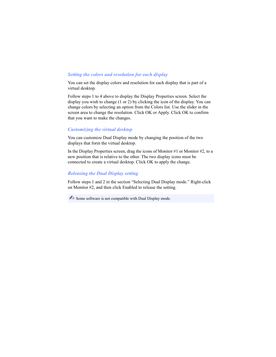 Setting the colors and resolution for each display, Customizing the virtual desktop, Releasing the dual display setting | Sony PCG-C1VP User Manual | Page 67 / 124