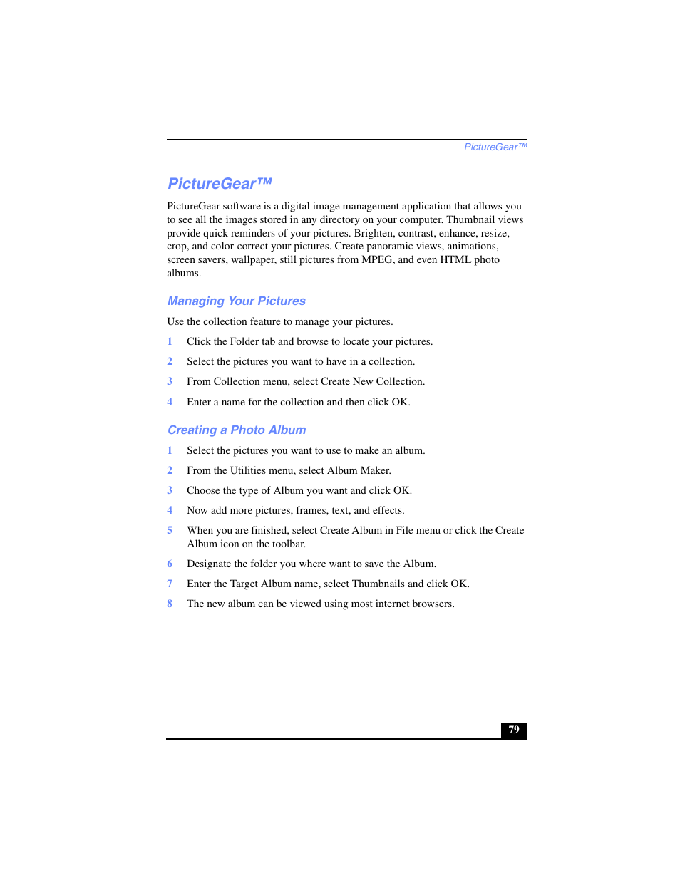 Picturegear, Managing your pictures, Creating a photo album | Managing your pictures creating a photo album | Sony PCG-C1VP User Manual | Page 79 / 124