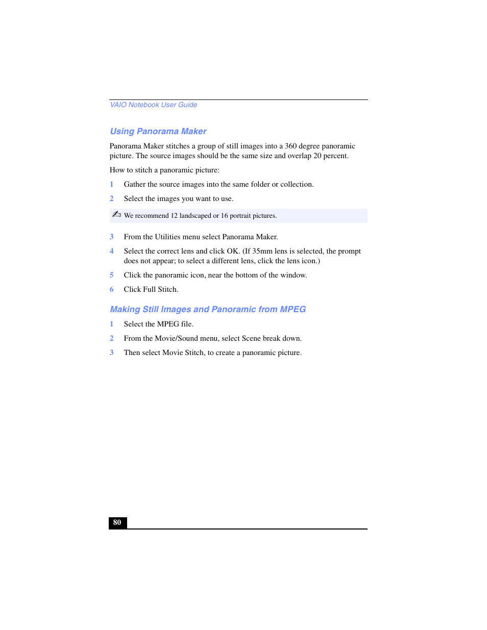 Using panorama maker, Making still images and panoramic from mpeg | Sony PCG-C1VP User Manual | Page 80 / 124