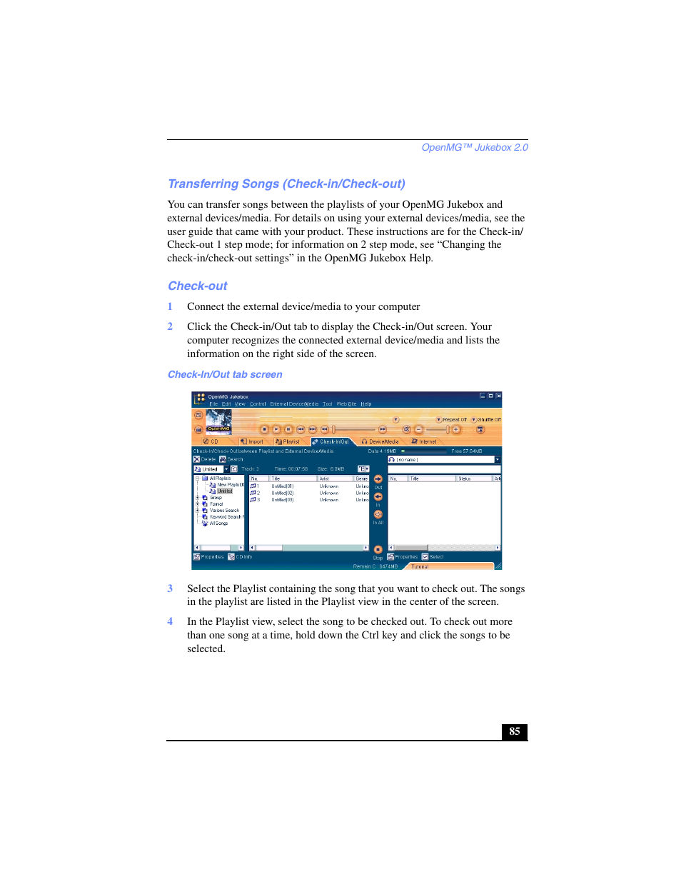 Transferring songs (check-in/check-out), Check-out, Transferring songs (check-in/check-out) check-out | Sony PCG-C1VP User Manual | Page 85 / 124