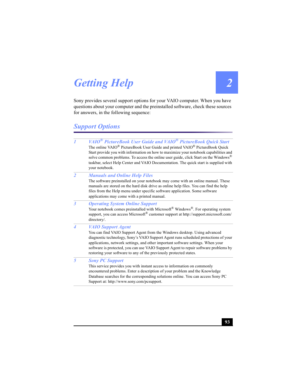 Getting help, Support options | Sony PCG-C1VP User Manual | Page 93 / 124