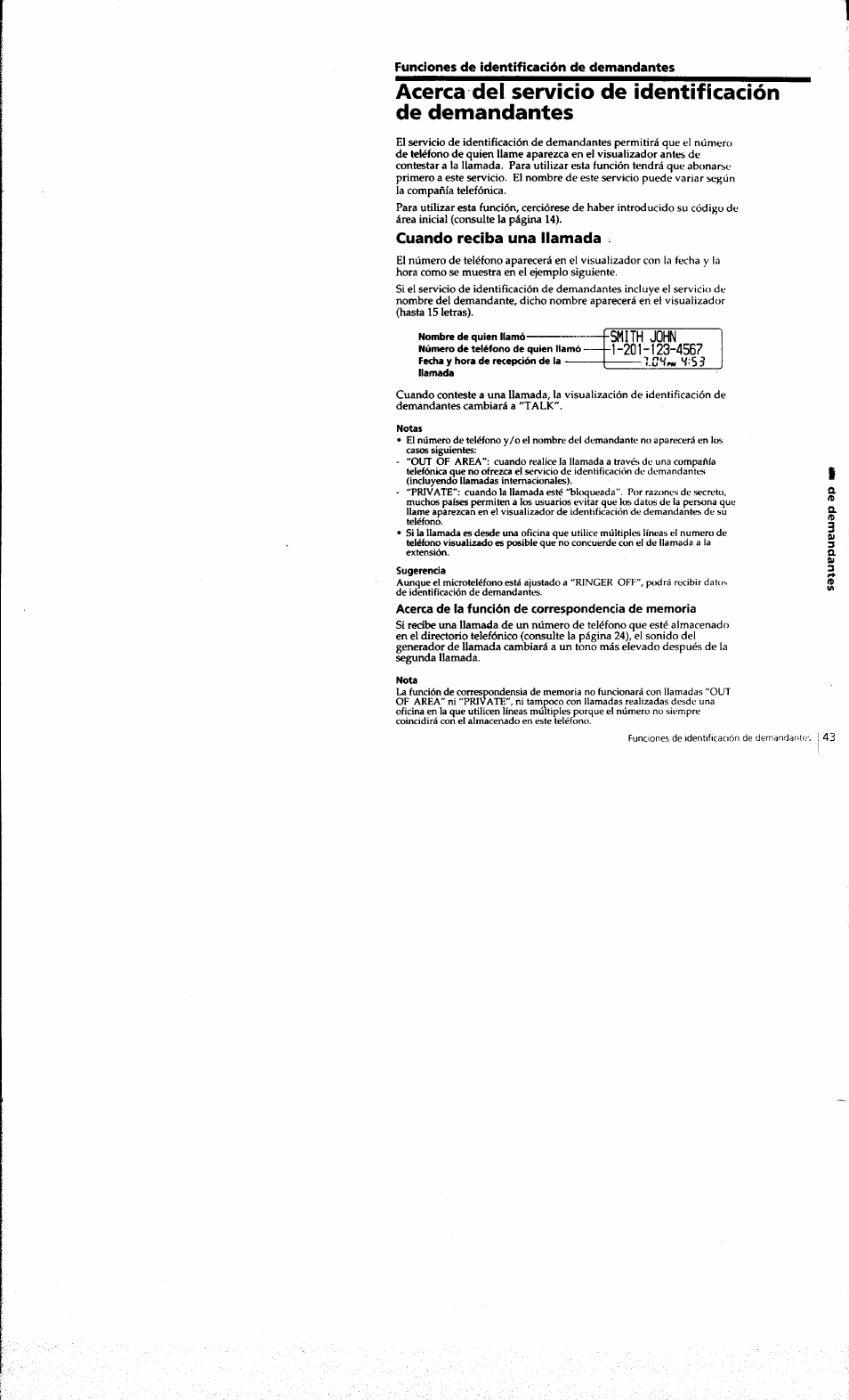 Funciones de identificación de demandantes, Cuando reciba una llamada, Acerca de la función de correspondencia de memoria | Sony SPP-A973 User Manual | Page 100 / 115