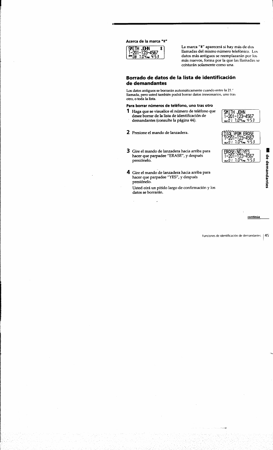 Acerca de la marca "t, Para borrar números de teléfono, uno tras otro | Sony SPP-A973 User Manual | Page 102 / 115