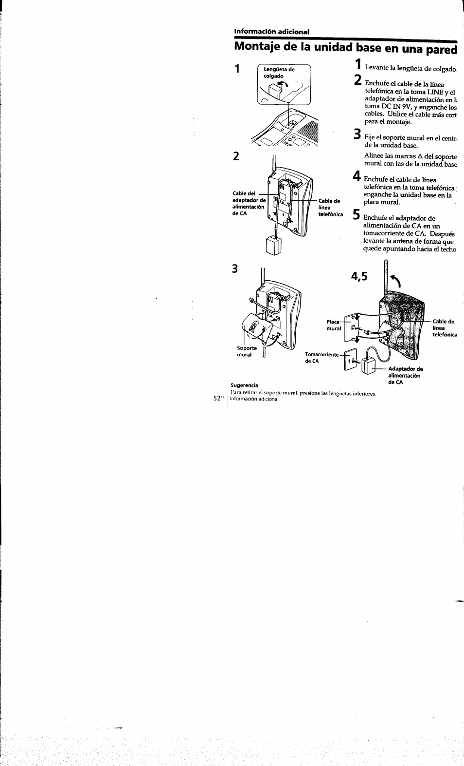 Información adicional, Montaje de la unidad base en una pared | Sony SPP-A973 User Manual | Page 109 / 115