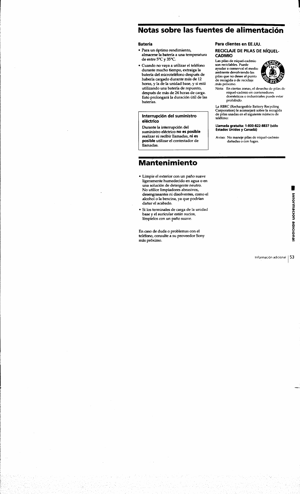 Notas sobre las fuentes de alimentación, Batería, Para clientes en ee.uu | Reciclaje de pilas de níquel- cadmio, Mantenimiento | Sony SPP-A973 User Manual | Page 110 / 115