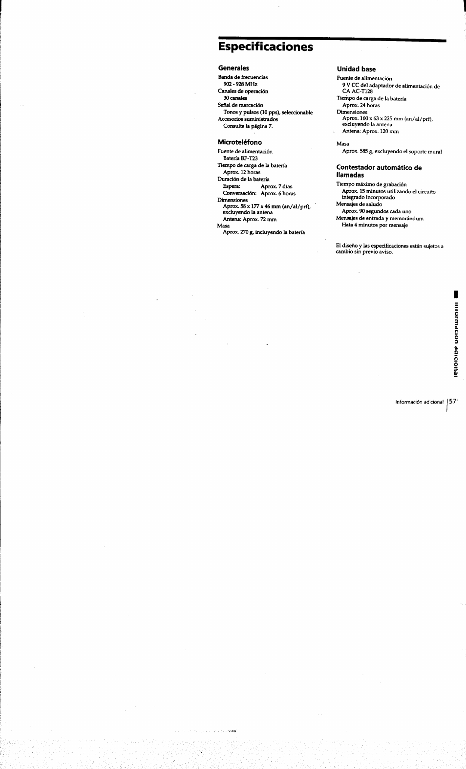 Especificaciones, Generales, Microteléfono | Unidad base, Contestador automático de llamadas, Fir r, 3fr c r o | Sony SPP-A973 User Manual | Page 114 / 115