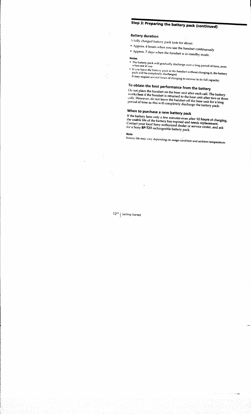 Battery duration, To obtain the best performance from the battery, When to purchase a new battery pack | Sony SPP-A973 User Manual | Page 12 / 115