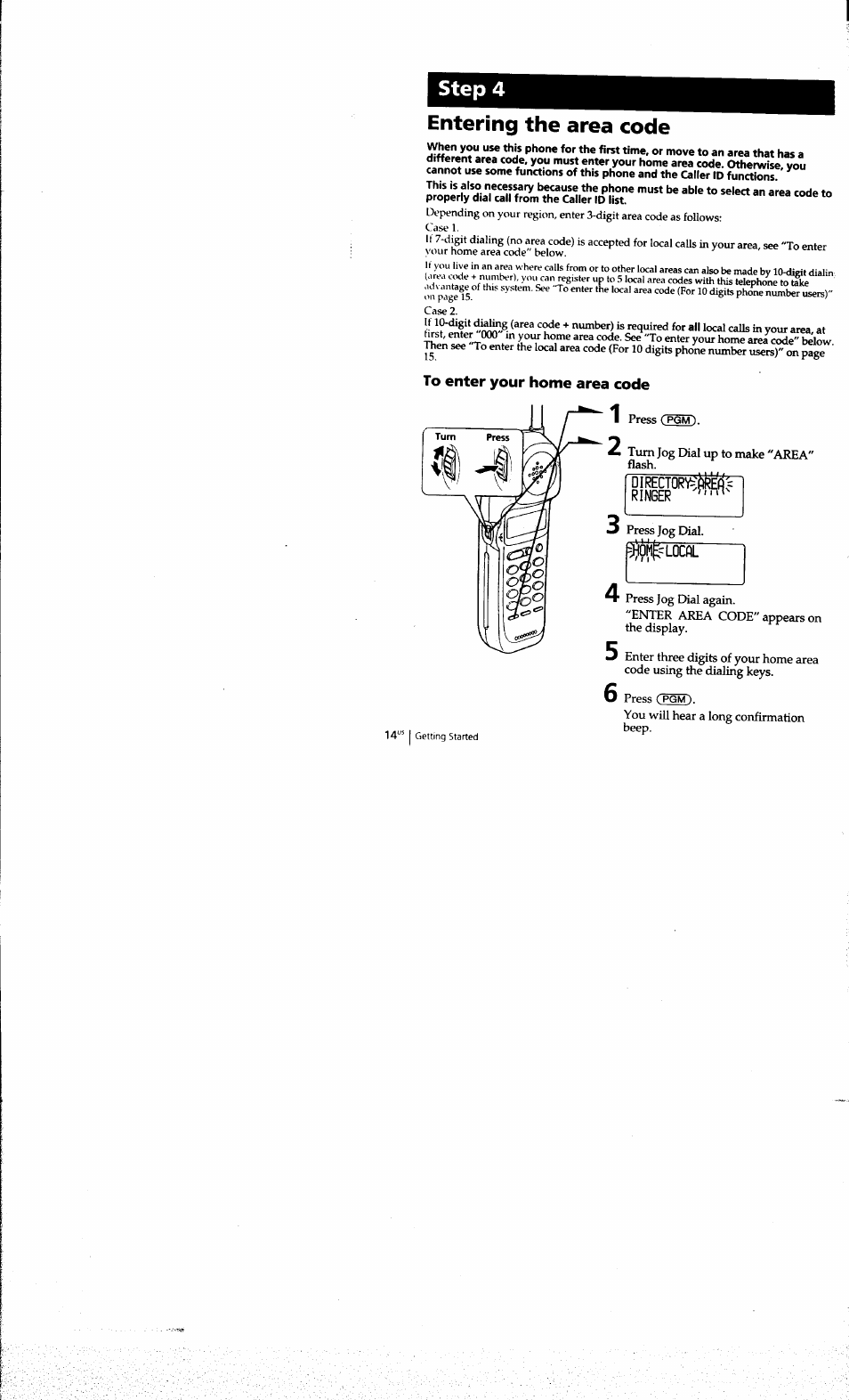 Entering the area code, Step 4 | Sony SPP-A973 User Manual | Page 14 / 115