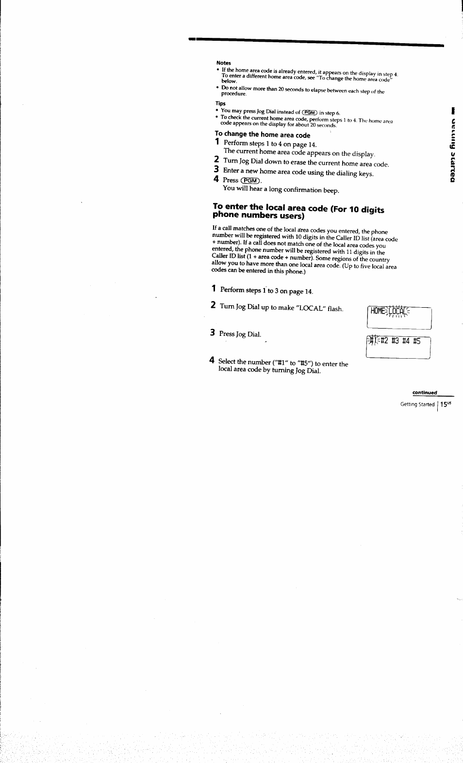 To change the home area code, F pgm) | Sony SPP-A973 User Manual | Page 15 / 115