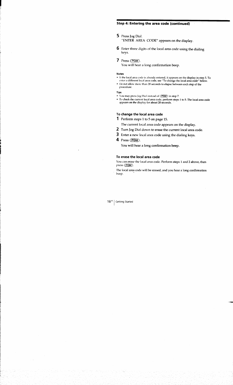 To change the local area code, To erase the local area code | Sony SPP-A973 User Manual | Page 16 / 115