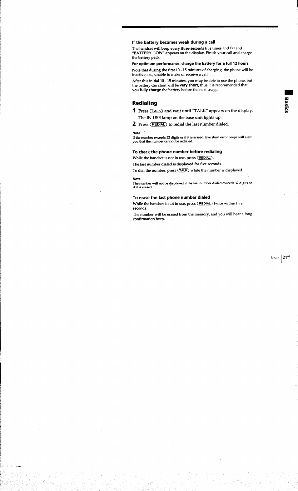 If the battery becomes weak during a call, Redialing, To check the phone number before redialing | To erase the last phone number dialed | Sony SPP-A973 User Manual | Page 21 / 115