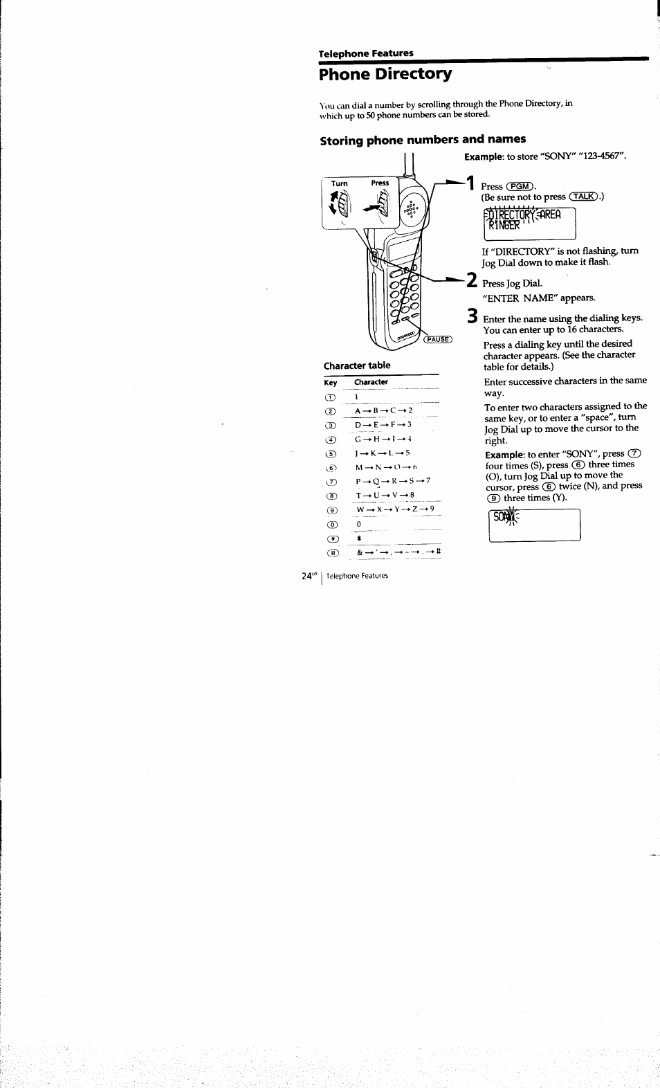 Telephone features, Phone directory, Storing phone numbers and names | Ijrectort | Sony SPP-A973 User Manual | Page 24 / 115