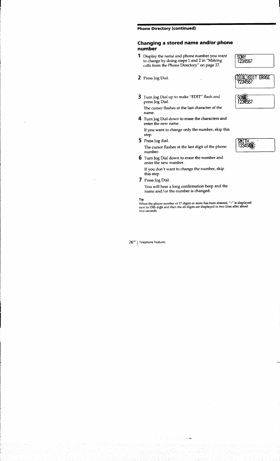 Phone directory (continued), Changing a stored name and/or phone number | Sony SPP-A973 User Manual | Page 26 / 115