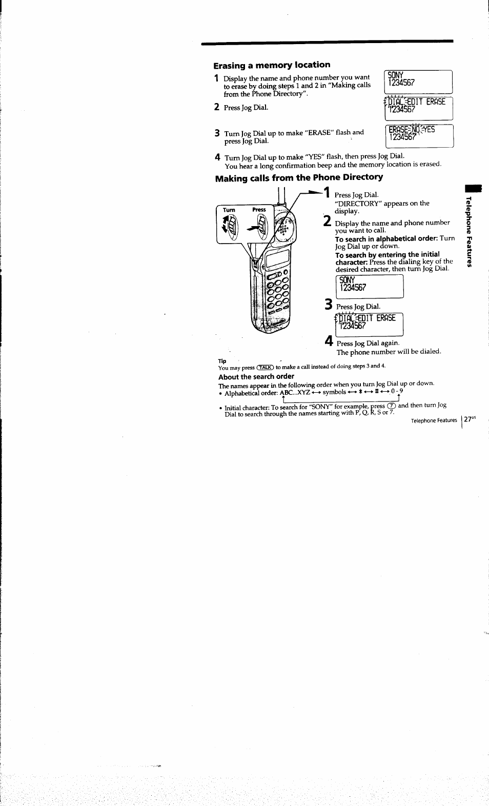 Erasing a memory location, Making calls from the phone directory, About the search order | Sony SPP-A973 User Manual | Page 27 / 115