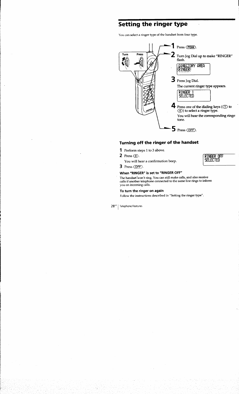 Setting the ringer type, Turning off the ringer of the handset, When "ringer" is set to "ringer off | Sony SPP-A973 User Manual | Page 28 / 115